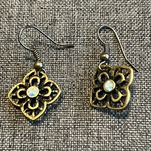 Antique Gold Tone Dangle Earrings with Rhinestone
